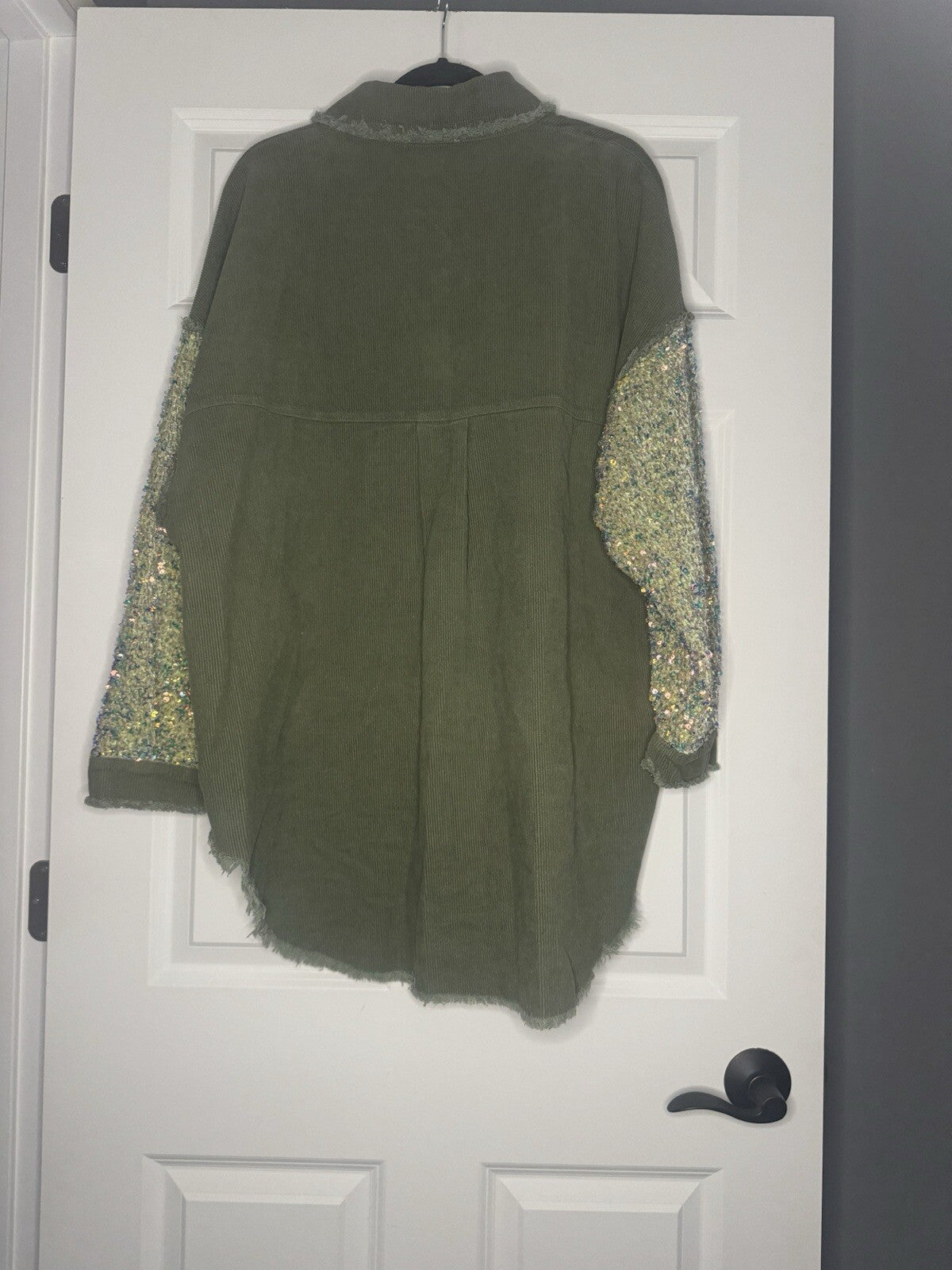 Fantastic Fawn Corduroy Shacket Large Green W Iridescent Sequins