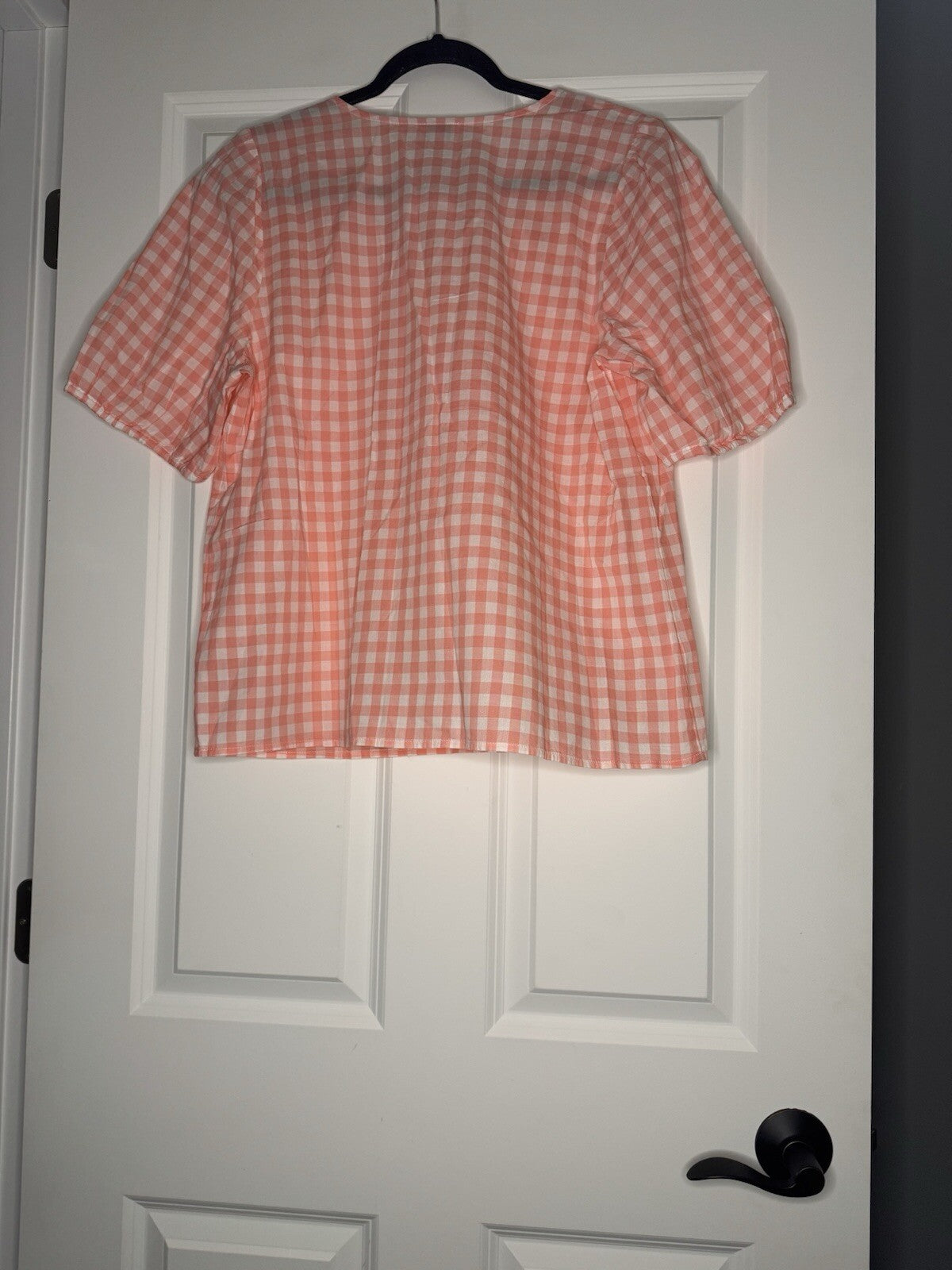 J Crew Short Sleeve V Neck Blouse Peach White Checkered Large Nwt 79.50