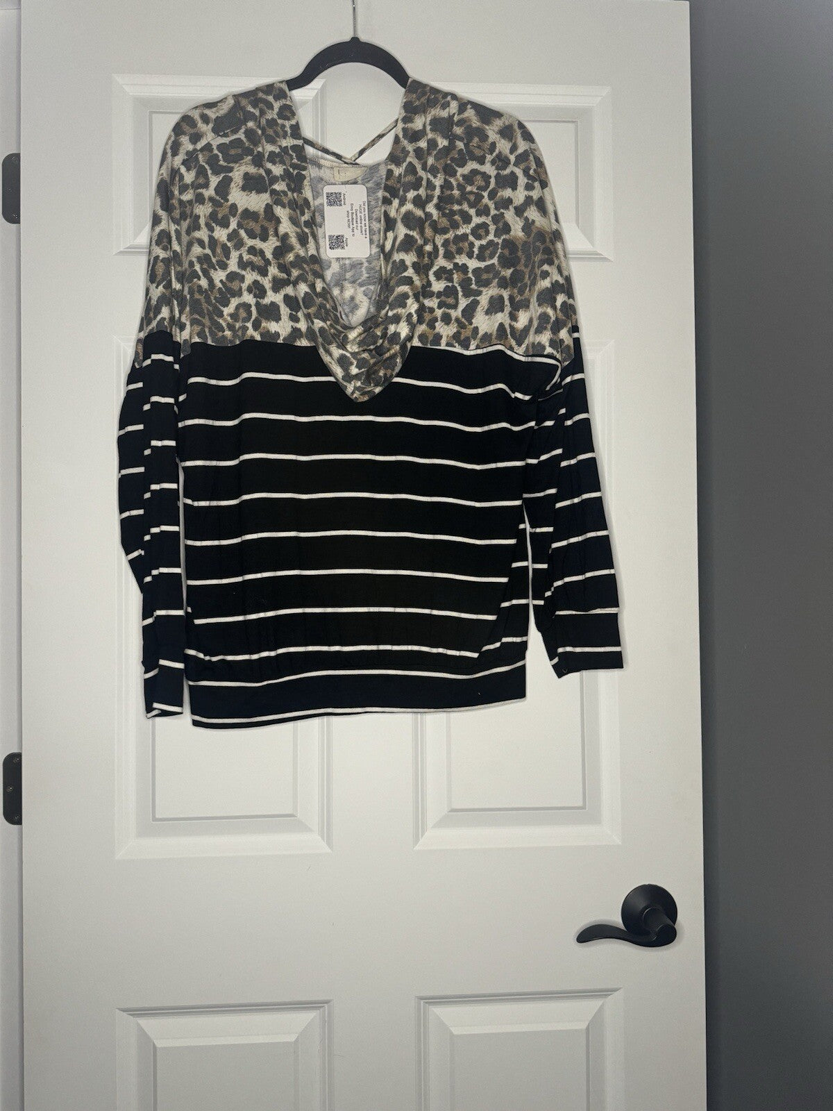 Lovely Melody Long Sleeve Hooded Blouse Xl Black White Stripe & Animal Prt Nwt