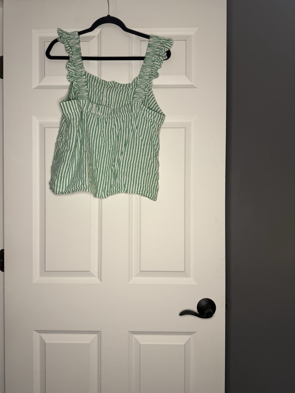 J Crew Large Sleeveless Top Ruffle Sleeve Green White Stripe