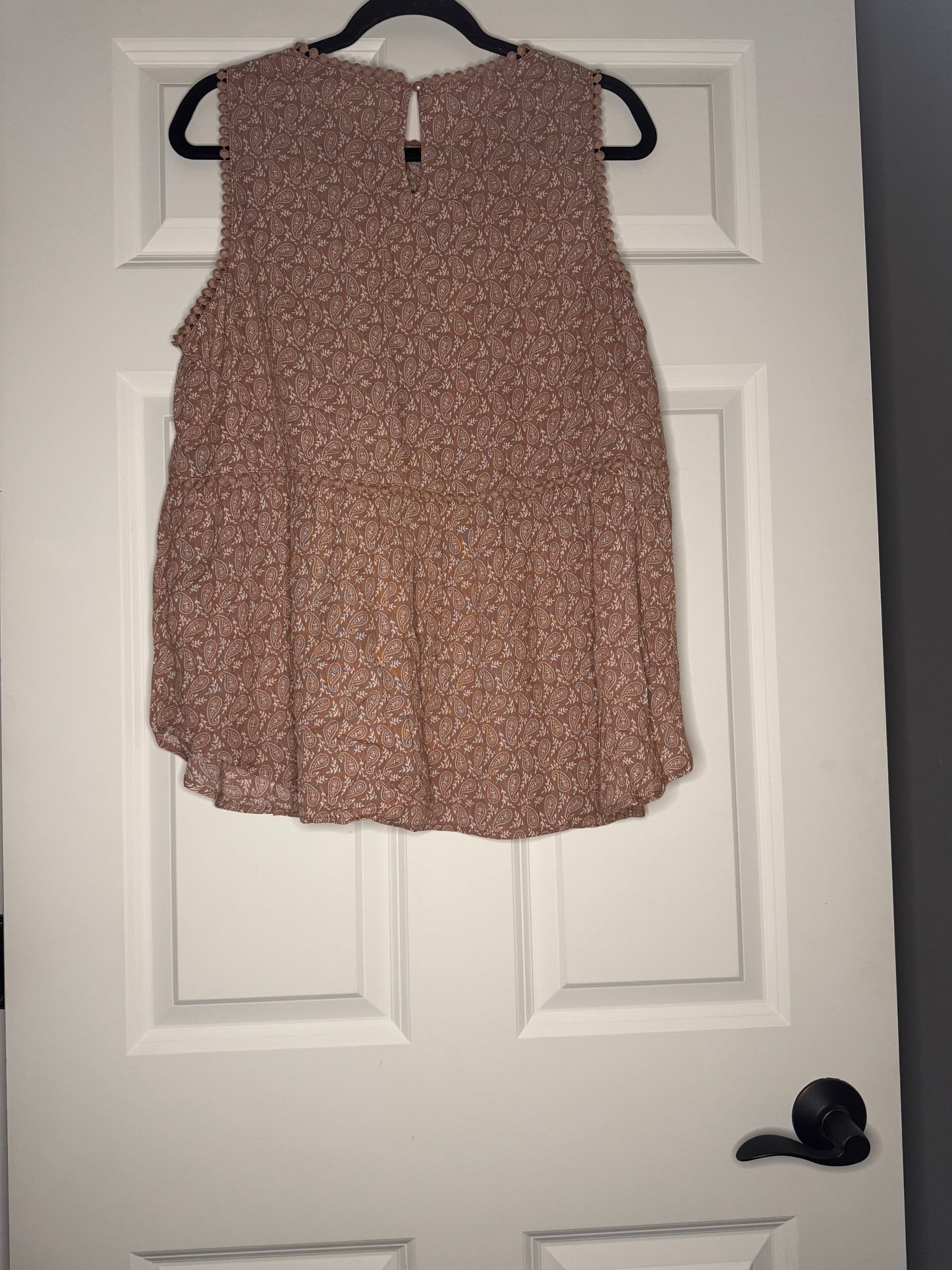 Heyson sleeveless blouse taupe white print w multicolor floral stitching large