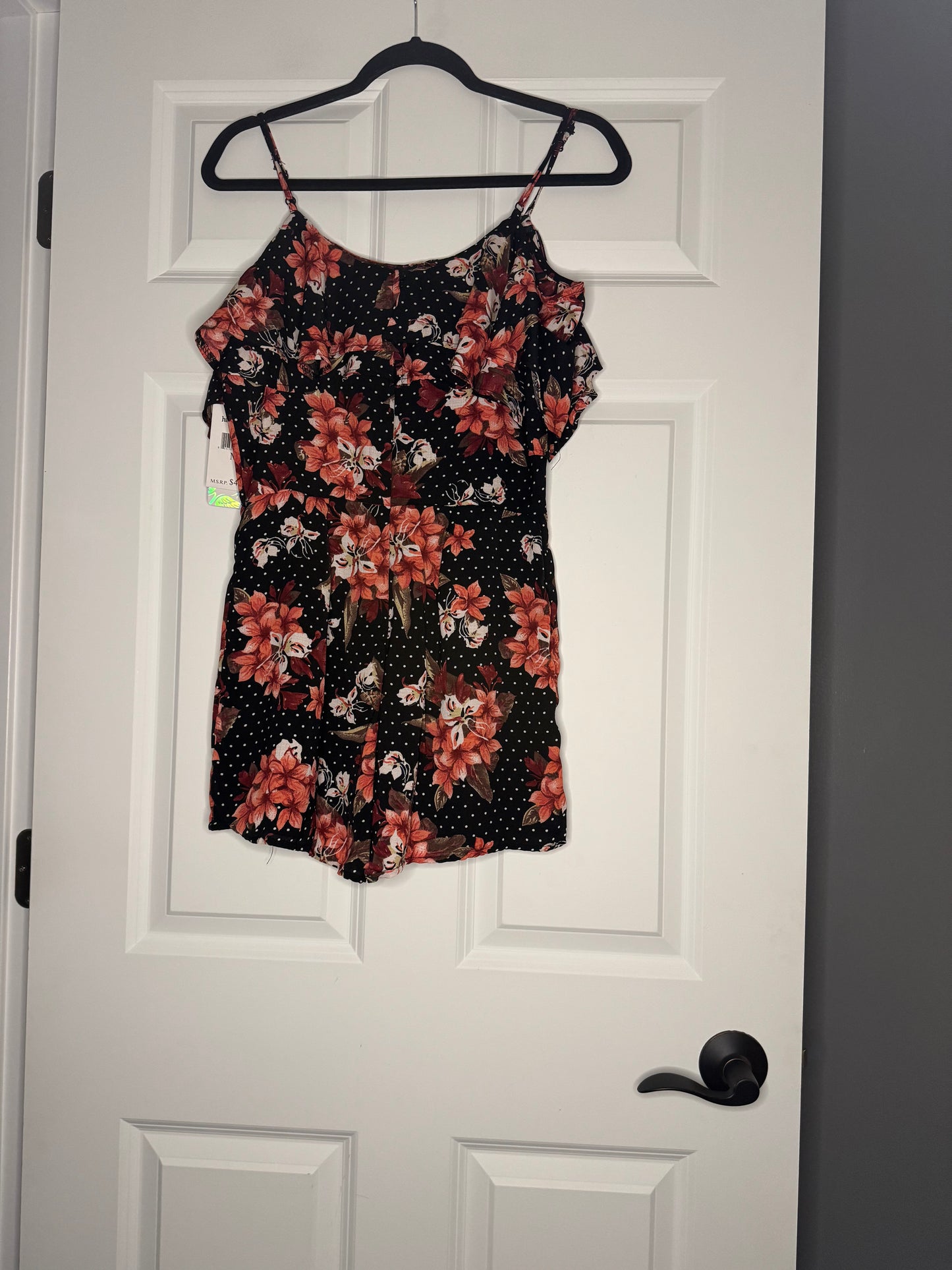 Harmony and havoc shorts romper black white polka dot w multicolor floral medium nwt $44