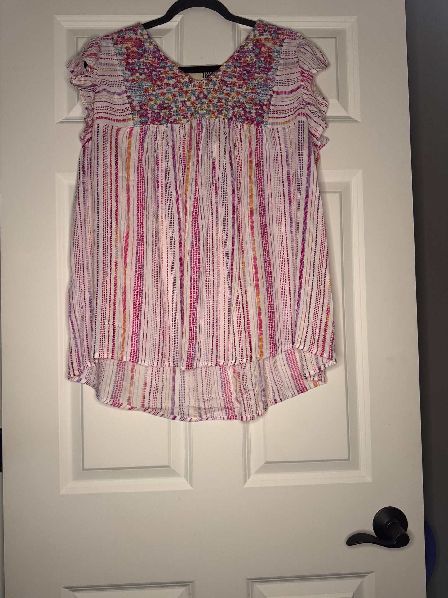 Savanna Jane 1x short sleeve blouse white purple pink blue orange print and stitching NWT 40.00