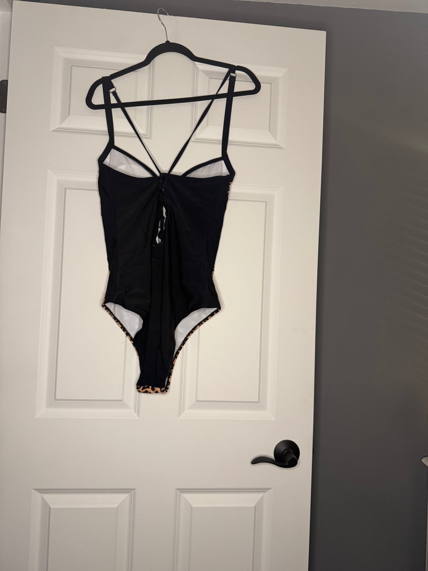 Unbranded one piece swimsuit black brown animal print tie up back xl nwot