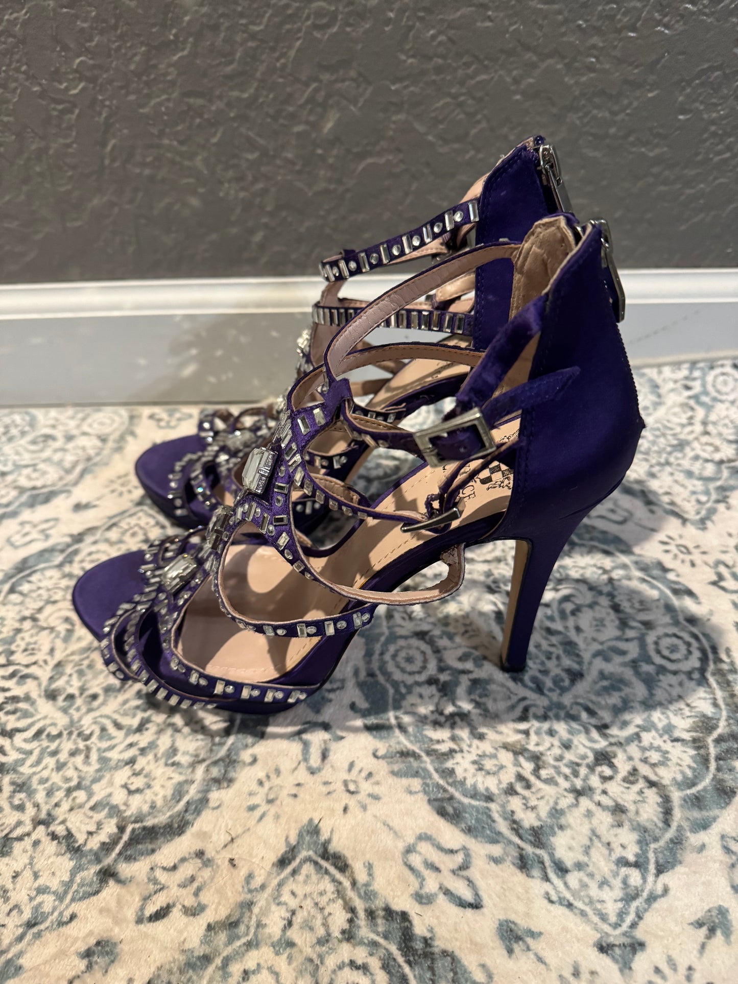 Vince Camuto 8.5 dark purple satin heels beaded