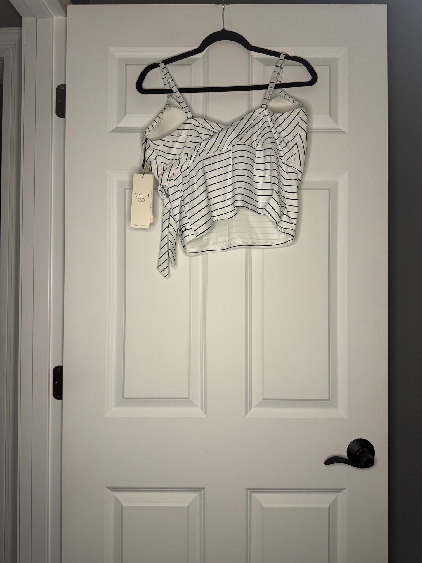 Calia tie front tankini top xl black white stripe nwt