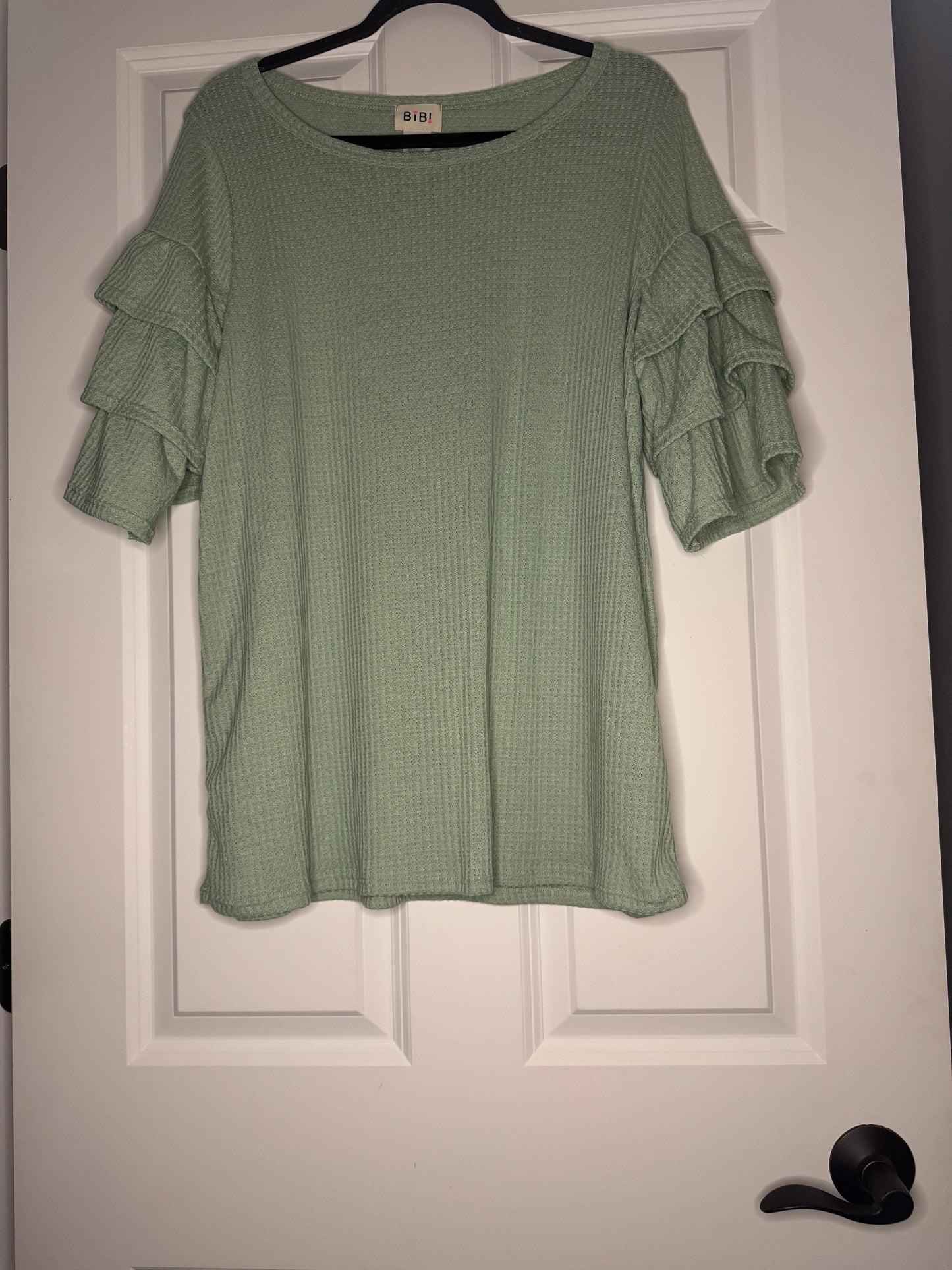 Bibi half sleeve ruffle sleeve waffle knit blouse green xl