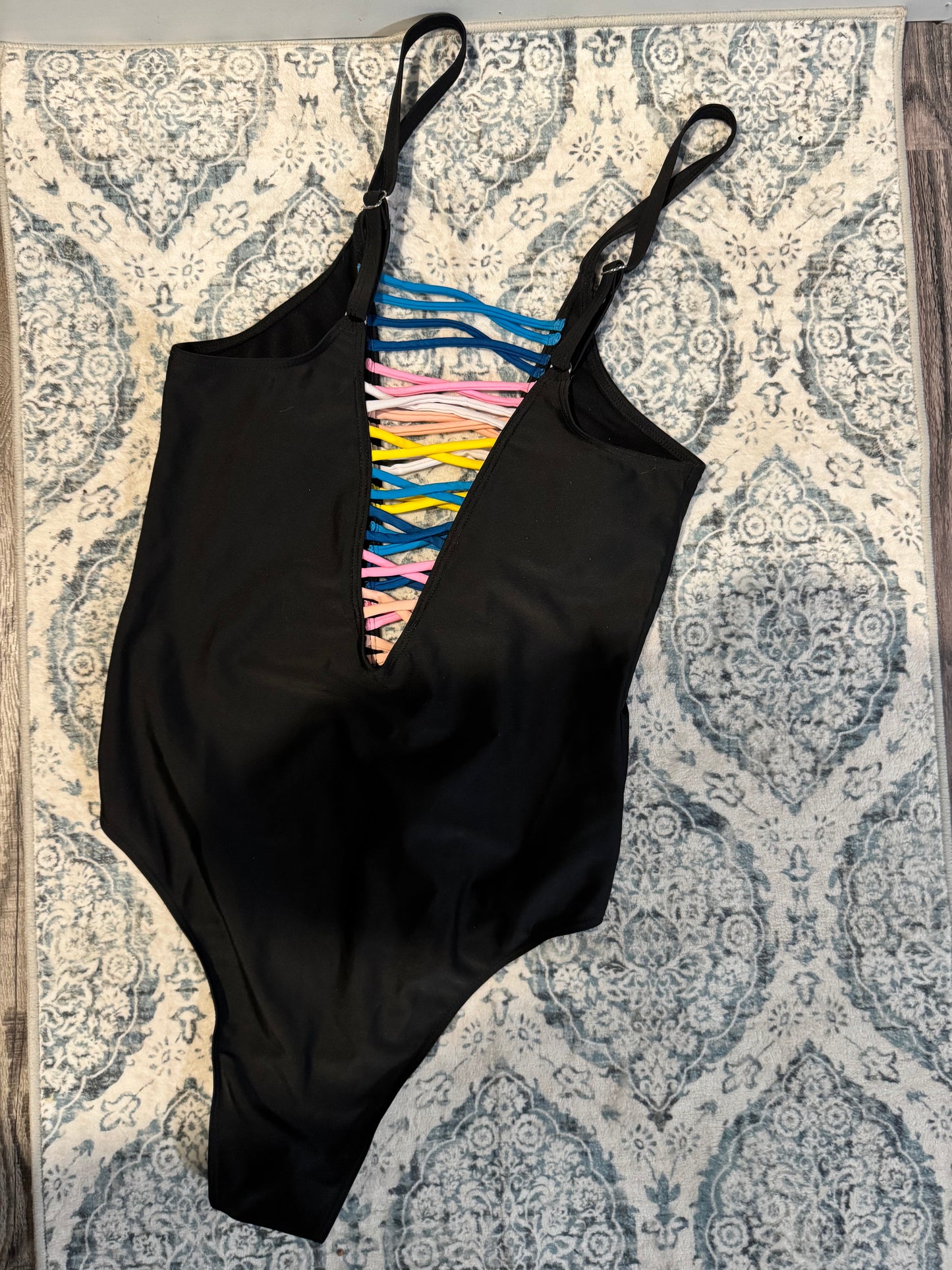 Unbranded swimsuit one piece xl black w multi color strings