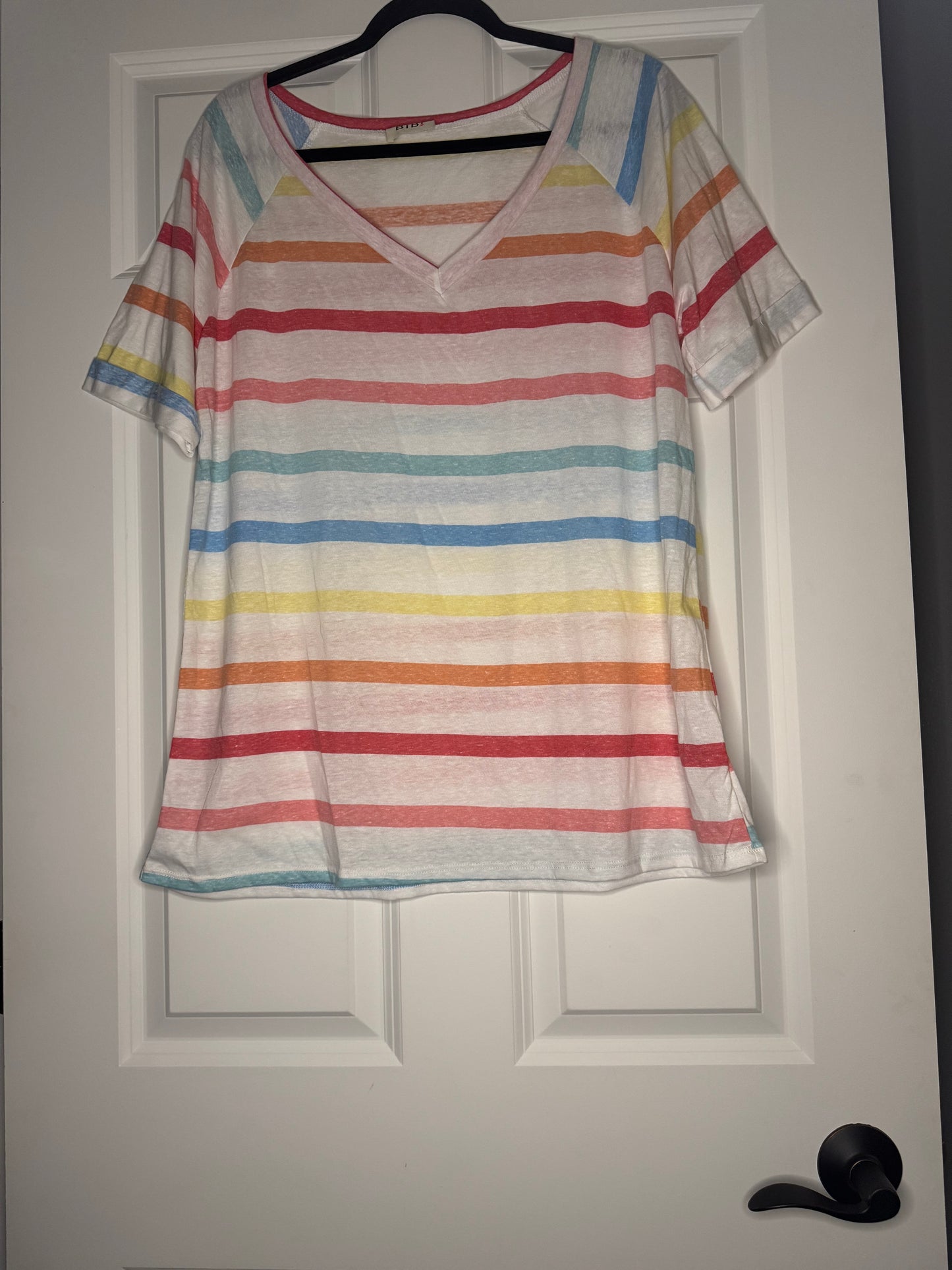 Bibi short sleeve top xl white w blue yellow coral orange stripe