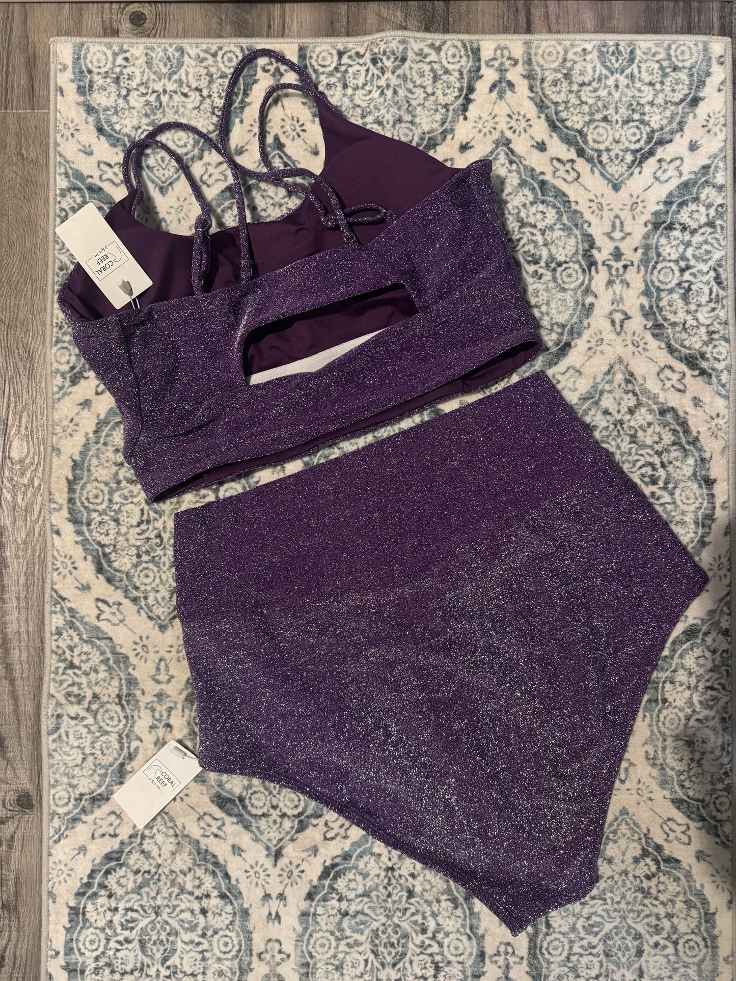 Coral reef swim 2 piece swimsuit top 12/14 bottoms 14/16 purple sparkle nwt
