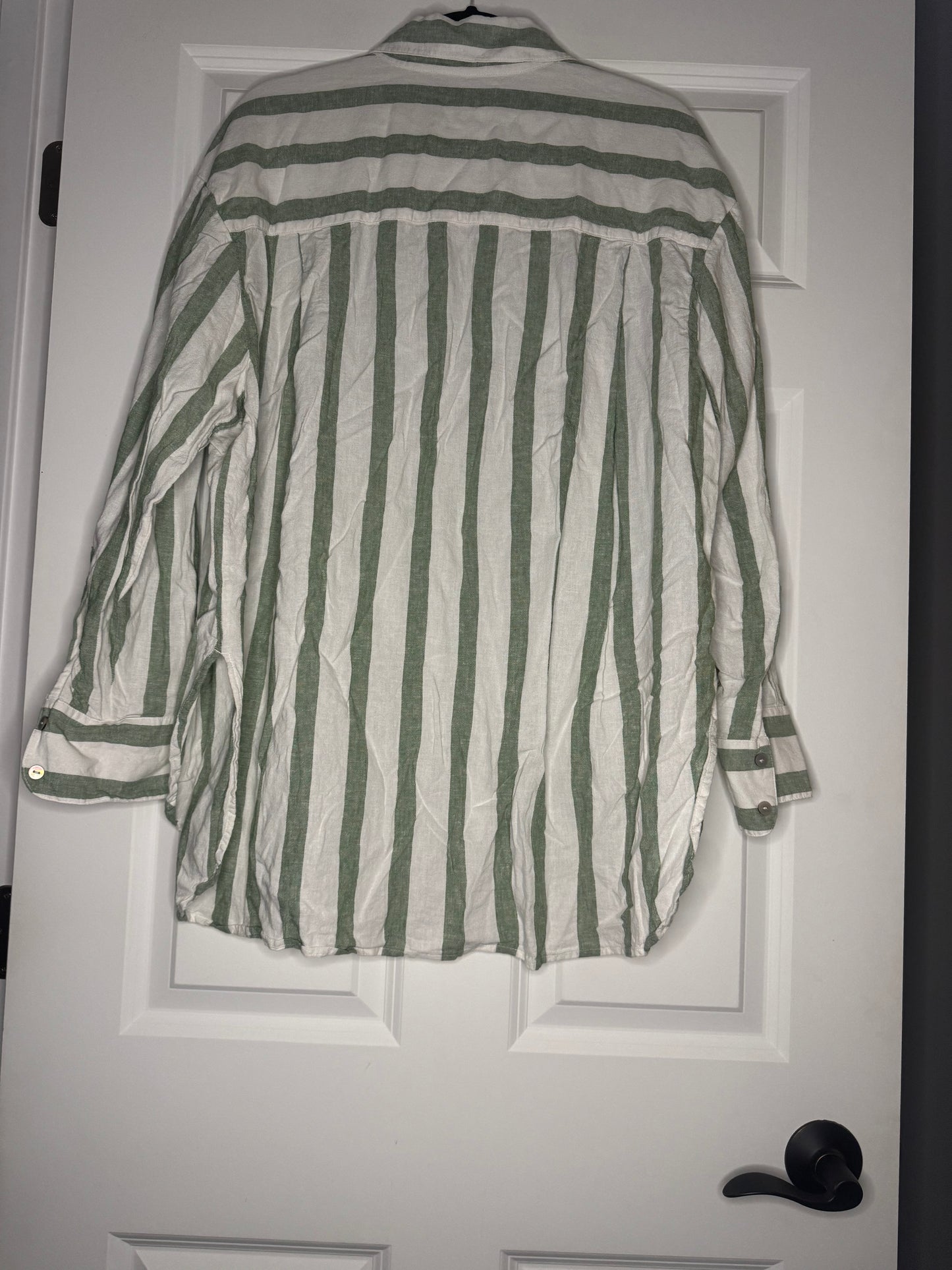 Lane Bryant long sleeve button up blouse 14/16 green white striped