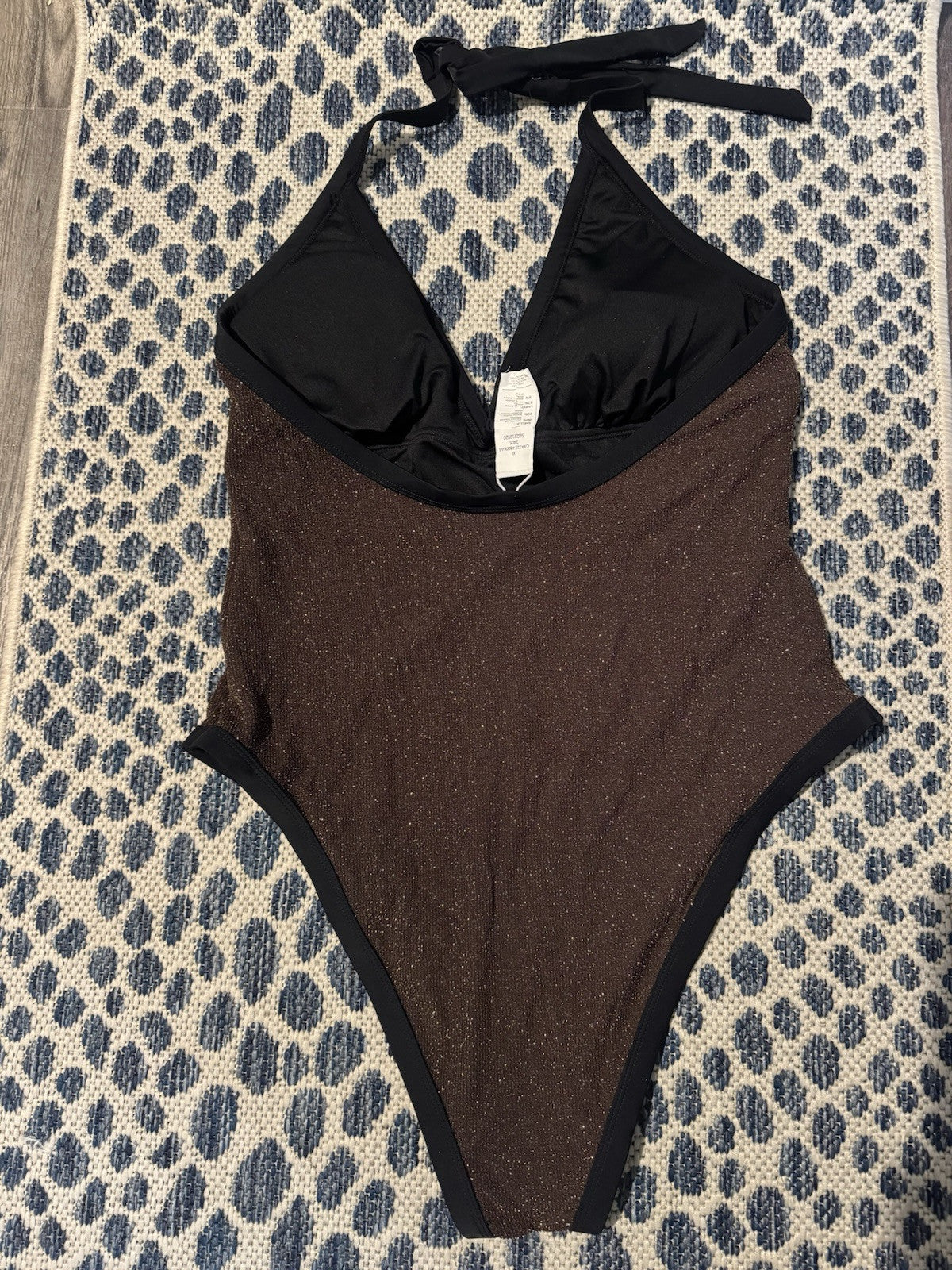Cupshe One Piece Swimsuit Xl Brown Gold Sparkle Black Trim Brand New