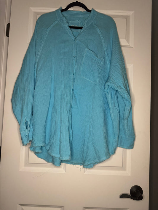 Aerie long sleeve button up blouse xl blue