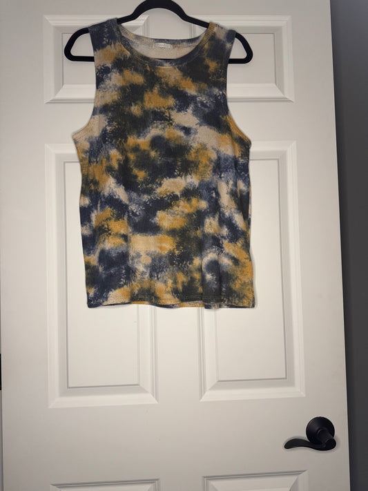 Heyday sleeveless top large orange beige blueish gray tie dye