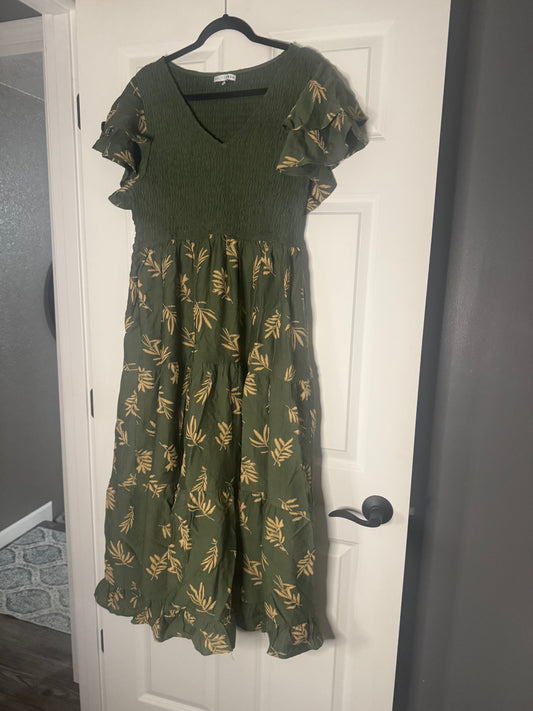 Baltic born short sleeve long dress xl green w tan stitching floral nwot