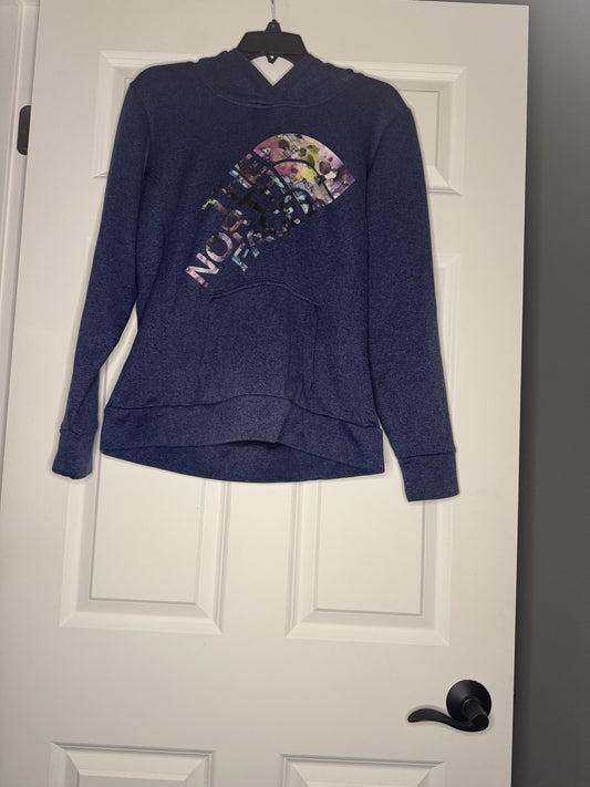 North face hooded sweatshirt medium blue black heathered w multicolor logo