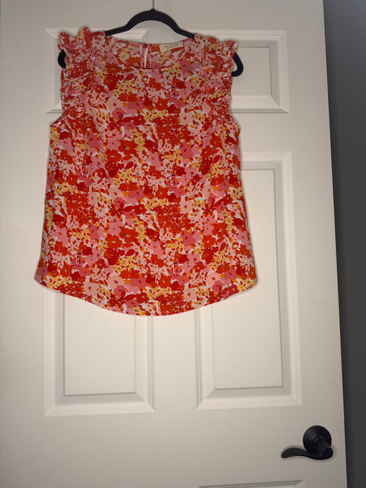 Doe and Rae short sleeve blouse large red orange white pink floral