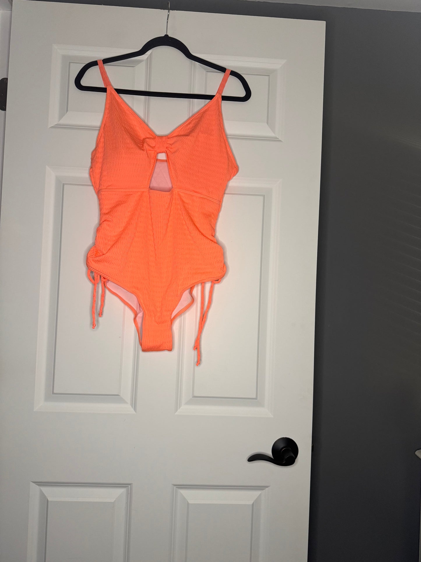 Unbranded neon orange one piece swimsuit 2xl cutouts and cinch ties sides nwot