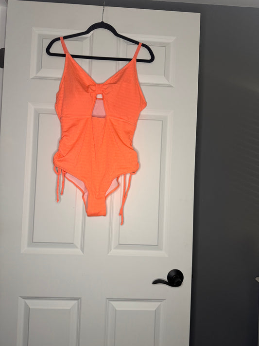 Unbranded neon orange one piece swimsuit 2xl cutouts and cinch ties sides nwot