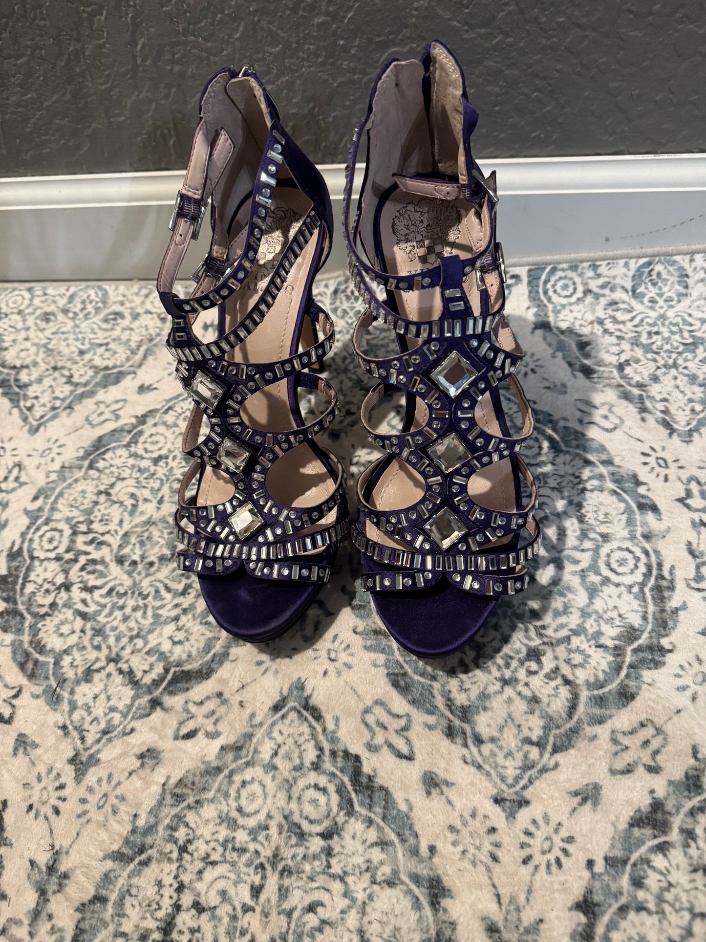 Vince Camuto 8.5 dark purple satin heels beaded