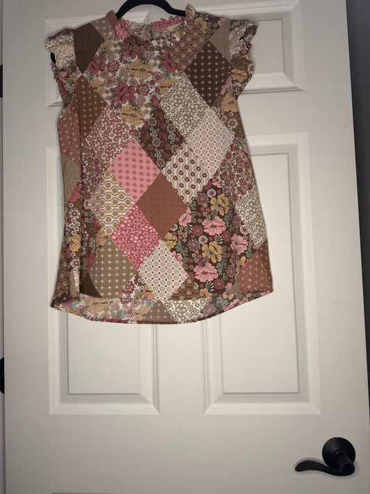 Les Amis short Ruffle sleeve blouse large brown pink tan floral