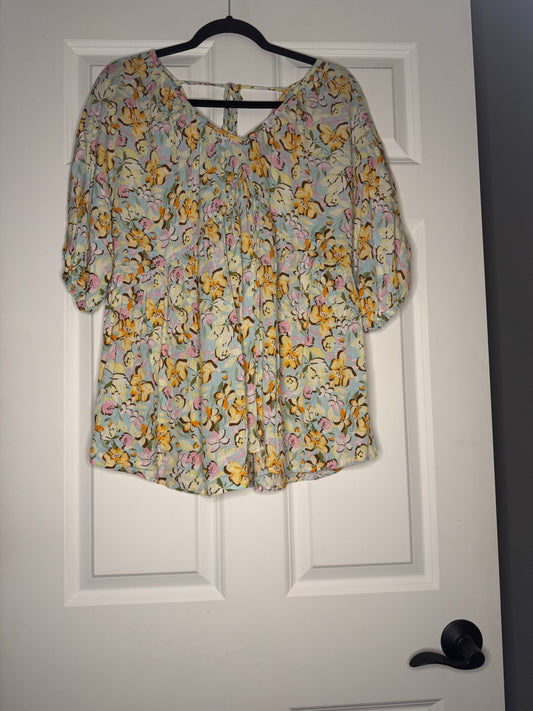 143 story half sleeve blouse large blue w yellow orange brown pink floral nwt 37