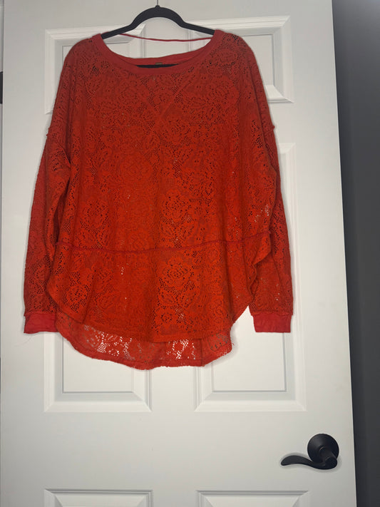 Free people long sleeve blouse red lace floral large