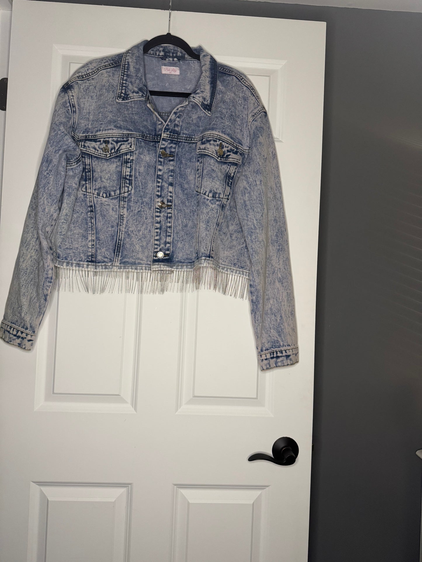 Pink lily Jean jacket w beaded fray xl