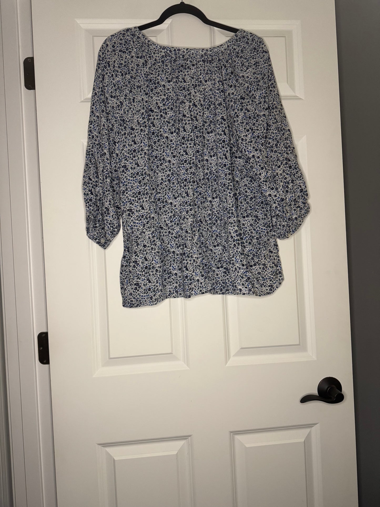 Cynthia Rowley 3/4 sleeve blouse white w blue gray floral 2x