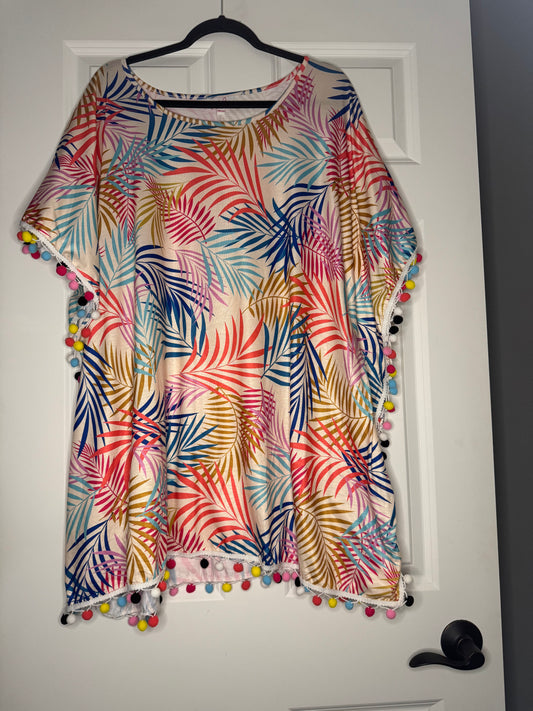 Jess Lea plus size swimsuit coverup beige w multicolor palm print and poms