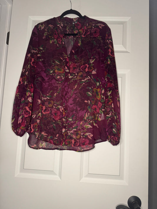Kut from the Kloth sheer button up blouse large burgundy w multicolor floral
