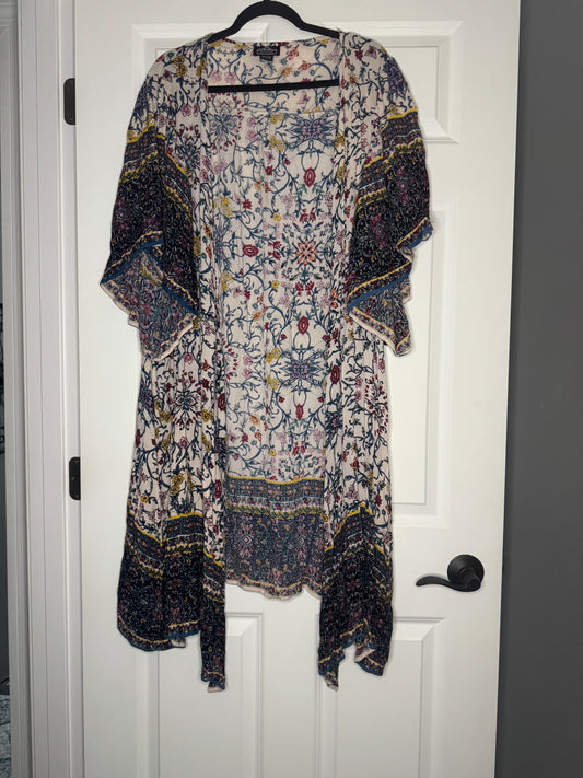 Angie large short sleeve long kimono black white multi floral print