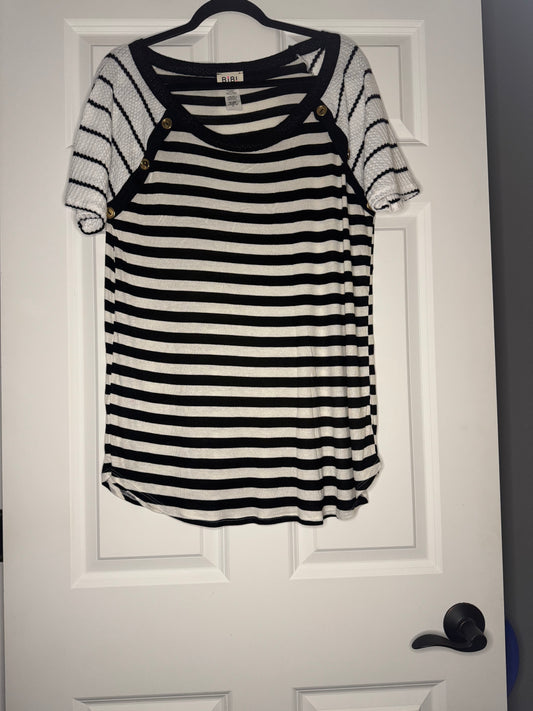 Bibi short sleeve top black white stripe gold decor buttons xl