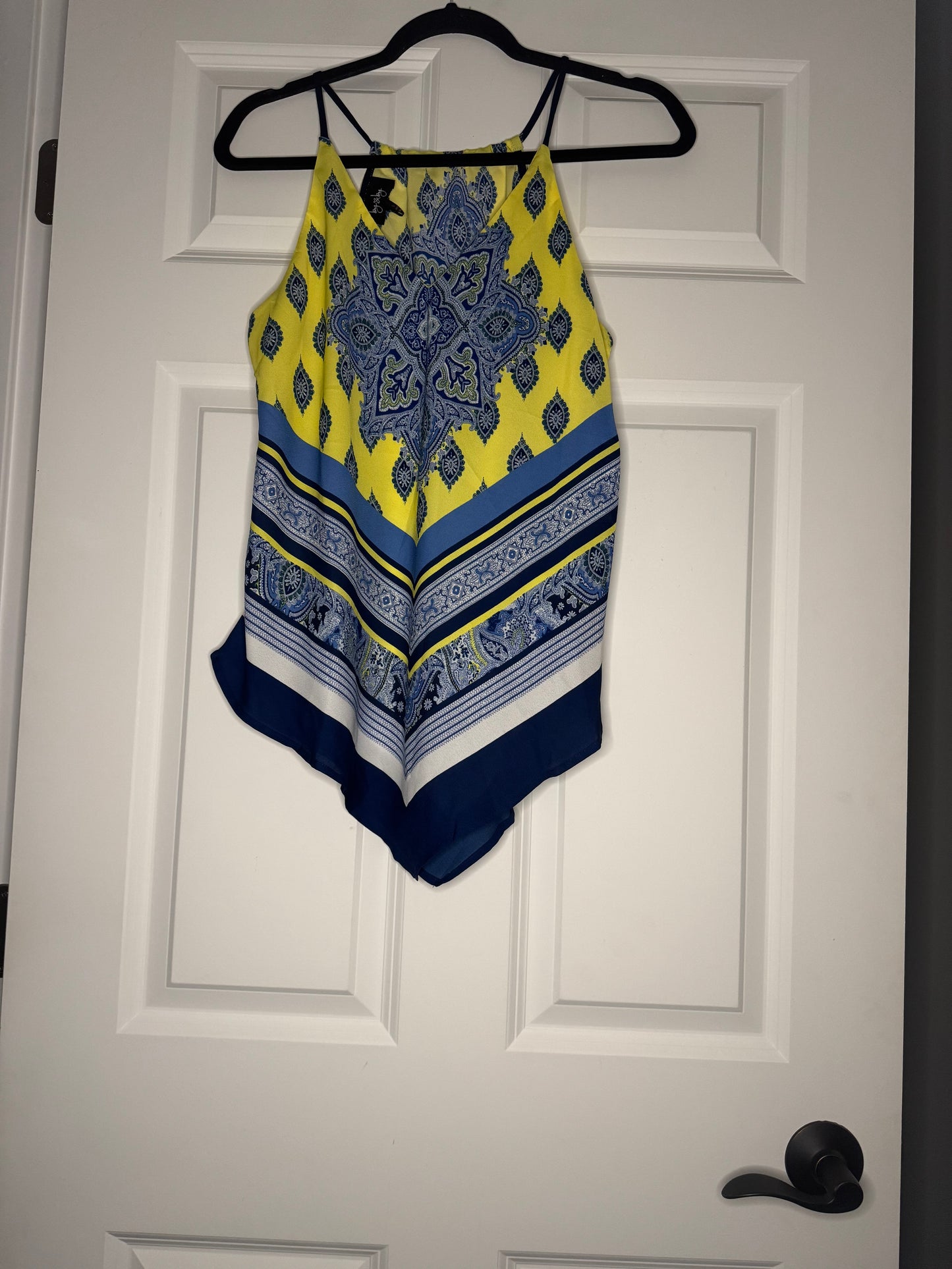 By and by sleeveless blouse large yellow blue white print