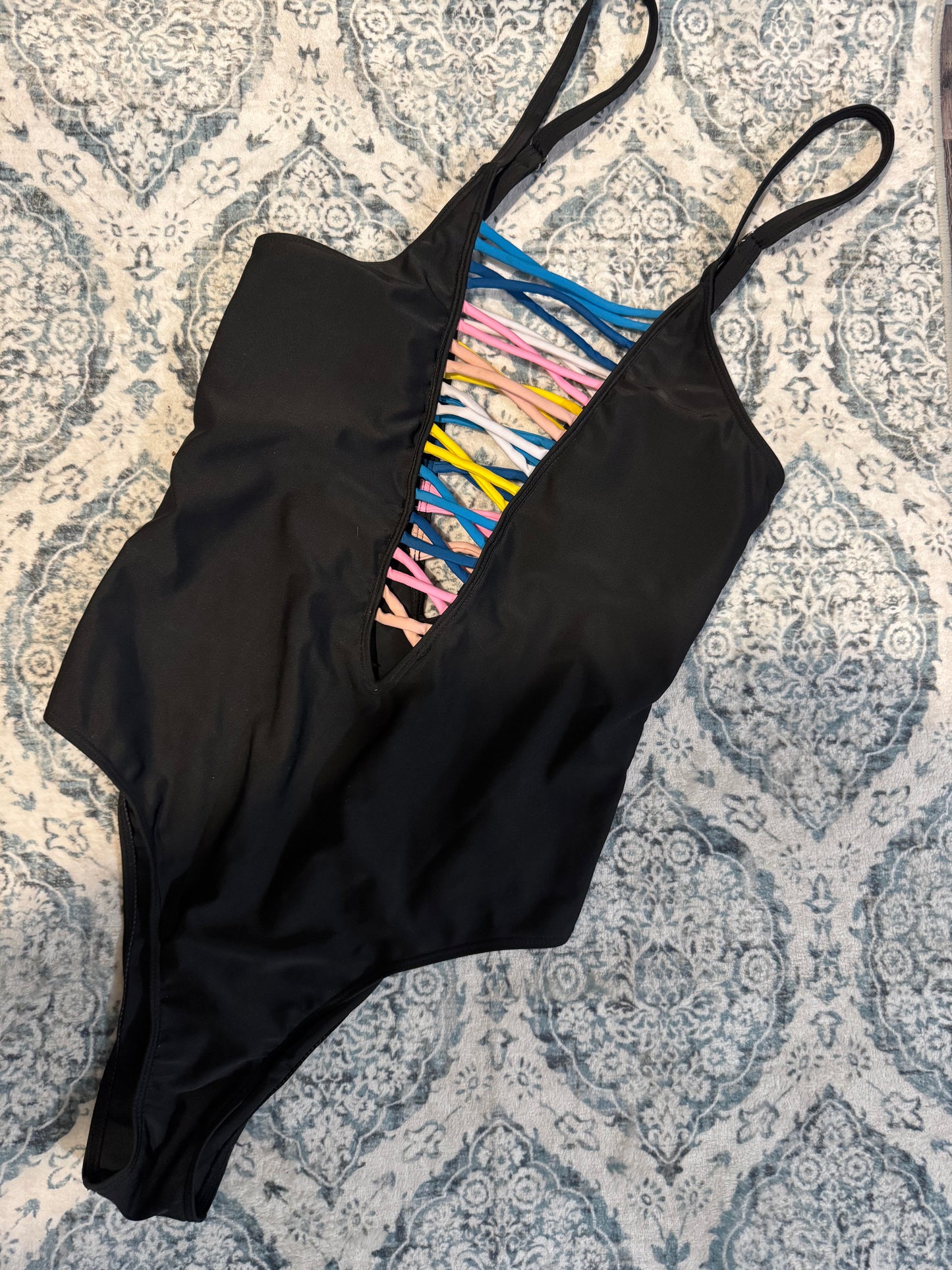 Unbranded swimsuit one piece xl black w multi color strings