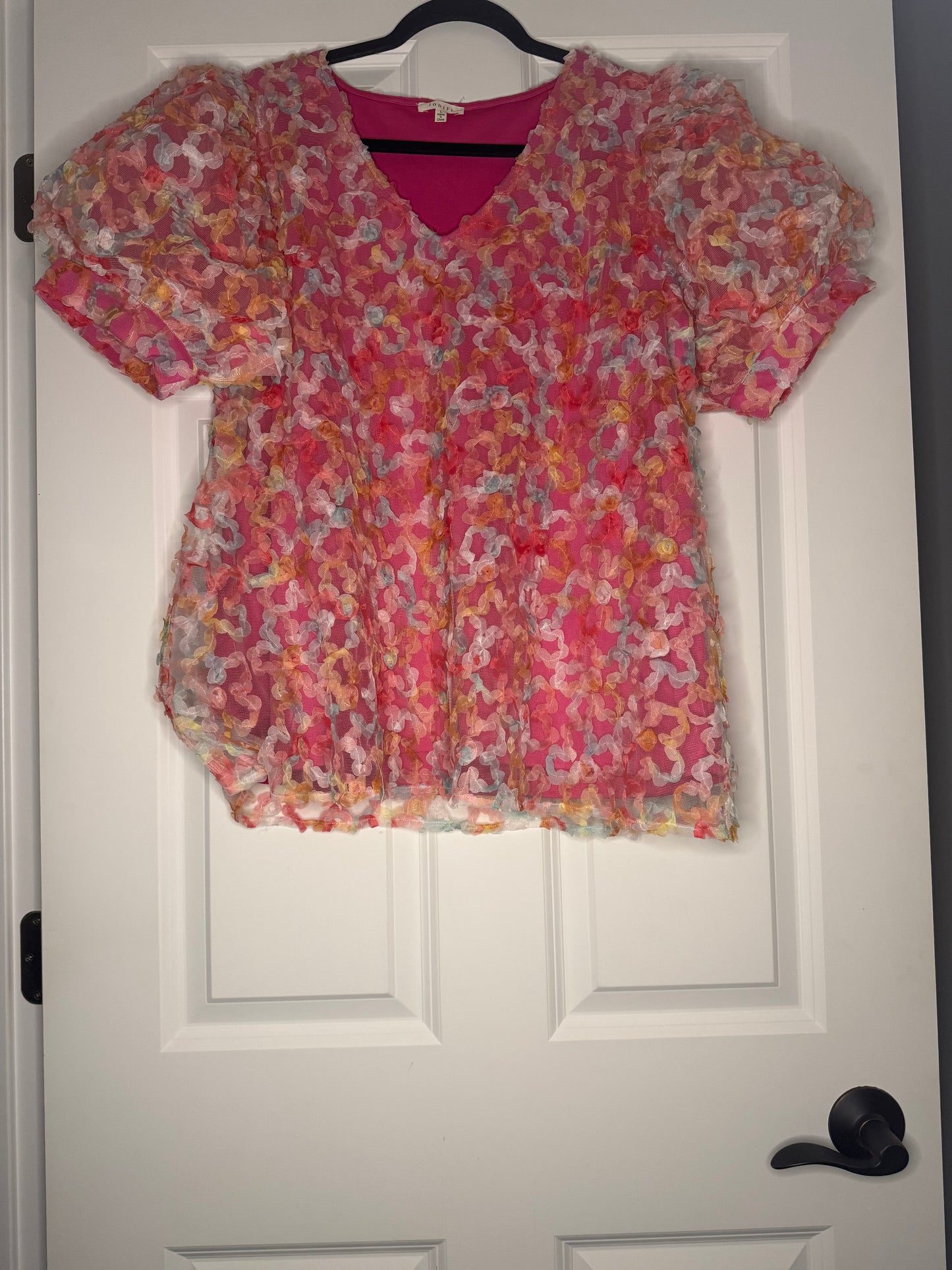Jodifl short sleeve blouse large multicolor mesh print w pink undershirt