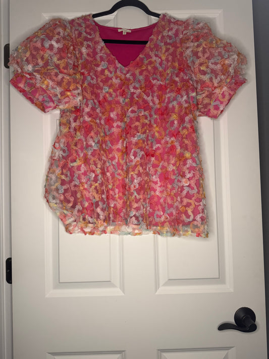 Jodifl short sleeve blouse large multicolor mesh print w pink undershirt