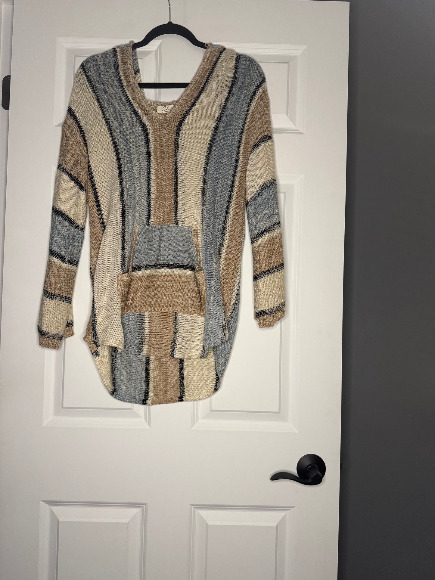 Elan hooded sweater small beige blue tan