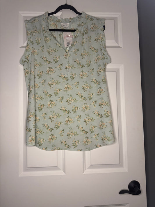 Perch sleeveless blouse 2x light green with cream green mauve floral print button decor nwt 34
