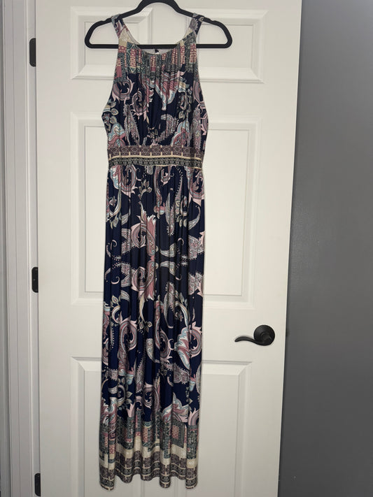 Gilli maxi dress large navy with cream mauve green print