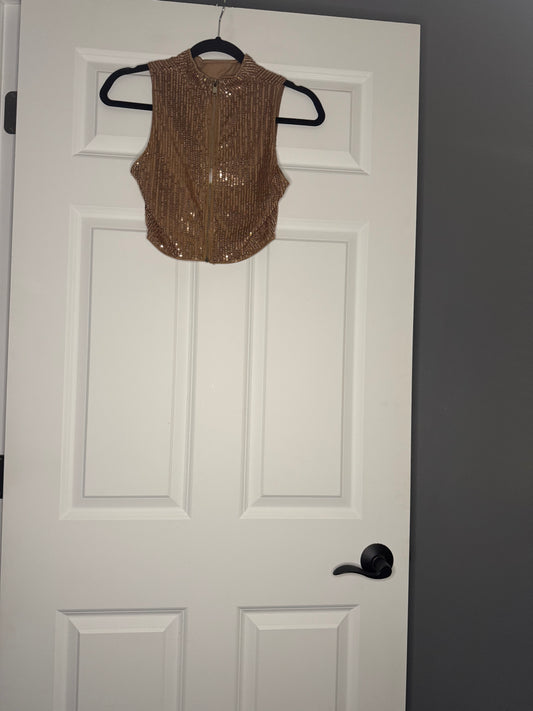 SHEIN small sleeveless zip up cropped tank gold w sequins