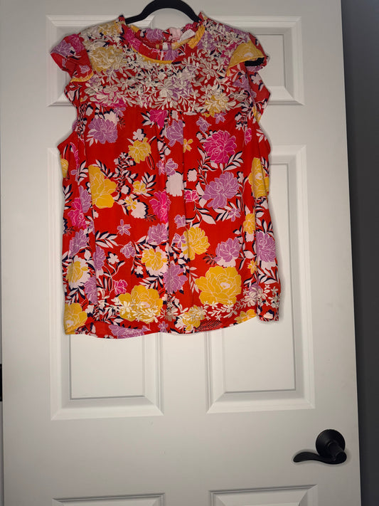 Emily wonder short Ruffle sleeve blouse 2x red with blue yellow pink white floral cream stitching