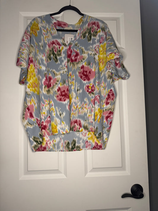 Jodifl short sleeve blouse gray with green tan white yellow pink print large nwt 36