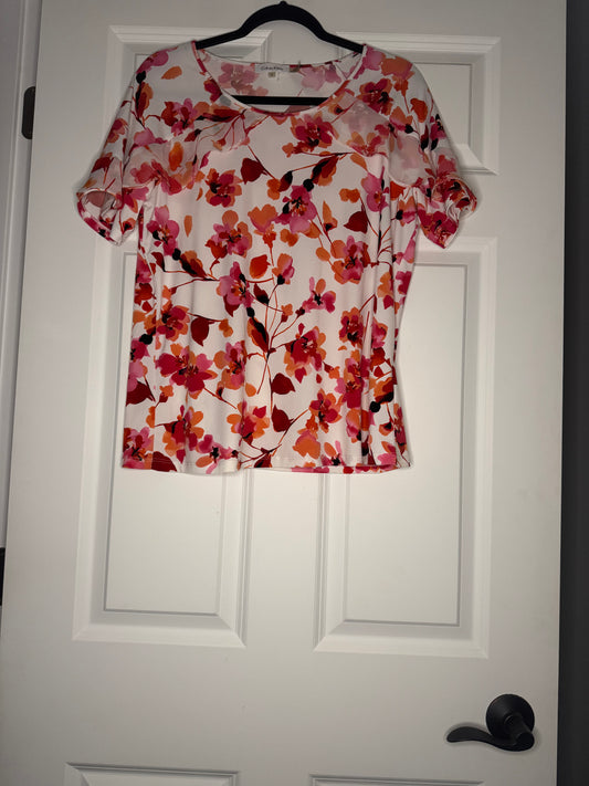 Calvin Klein short sleeve blouse large white w orange red black floral