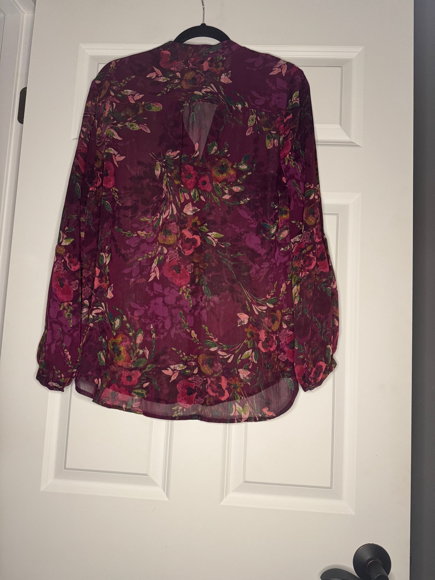 Kut from the Kloth sheer button up blouse large burgundy w multicolor floral