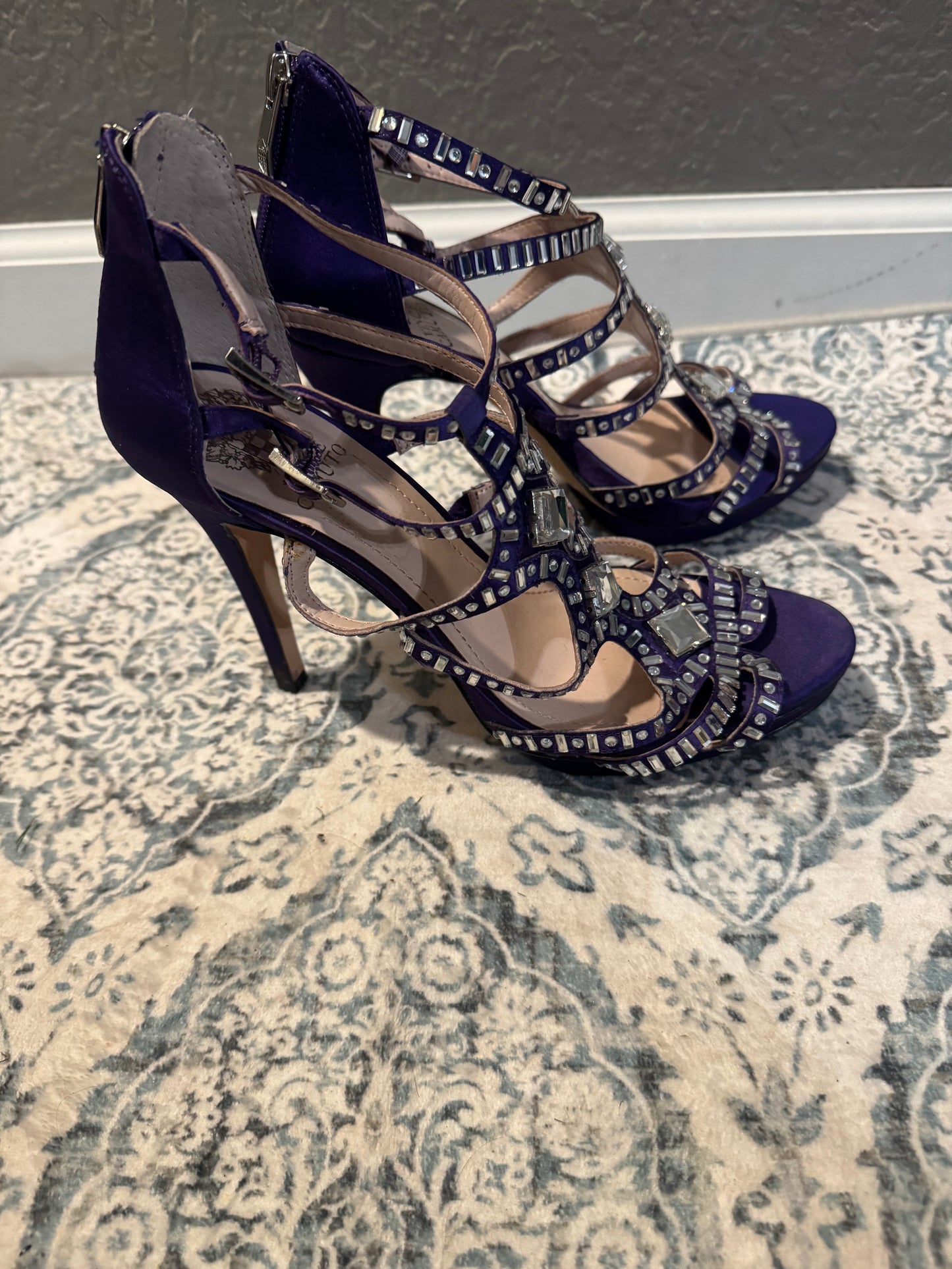 Vince Camuto 8.5 dark purple satin heels beaded