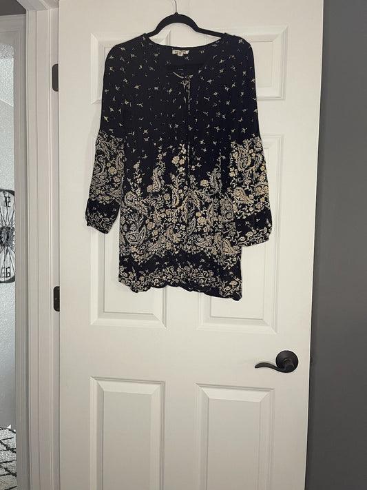 Billabong Long Sleeve Dress Medium Navy With Beige Floral 
