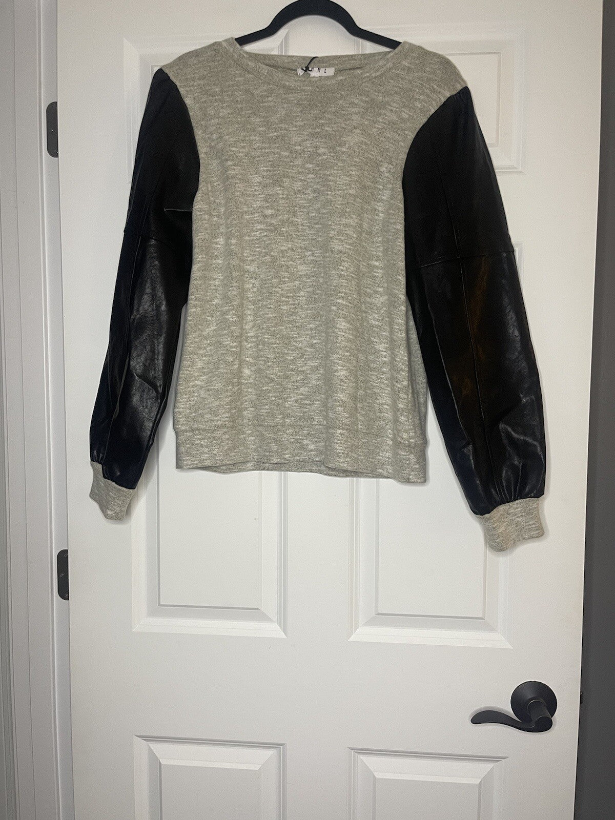 Thml Leather Sleeve Crew Neck Sweater Large Black And Gray Nwt Msrp 62.00