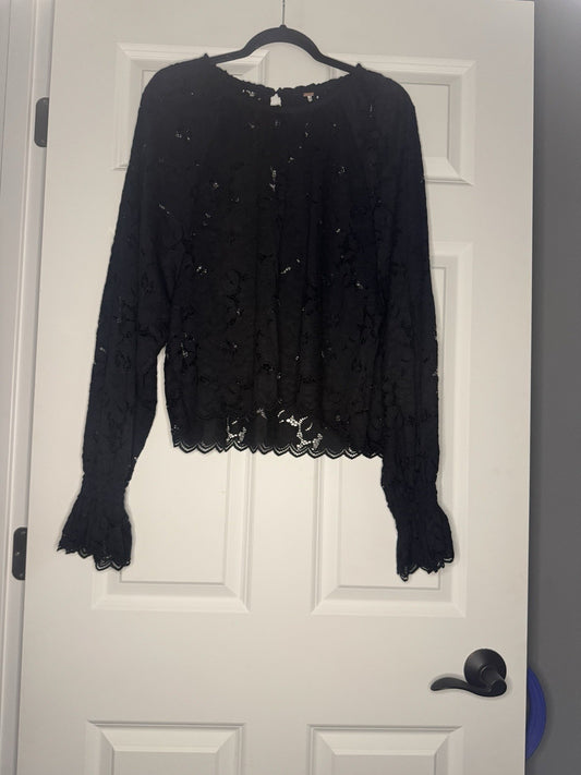 Free People Long Sleeve Lace Blouse Medium Boho Sleeves Black 