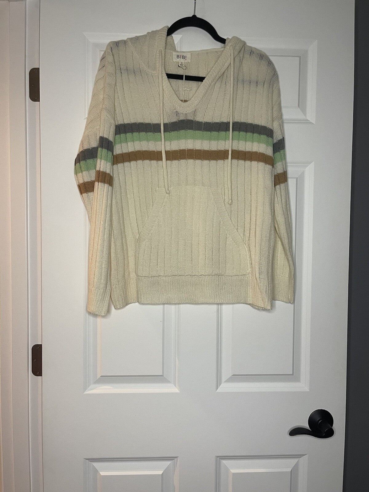 Bibi hooded sweater selena small beige blue green ribbed NWT